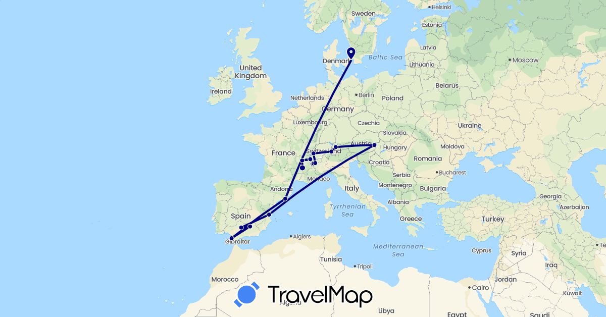 TravelMap itinerary: driving in Austria, Switzerland, Denmark, Spain, France (Europe)